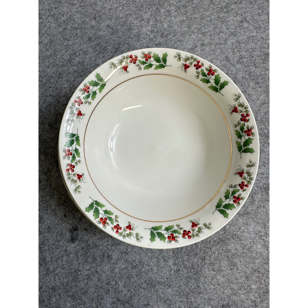 Gibson Everyday Holly Berry Christmas Soup Cereal Bowls Set of 3 Gold Trim China